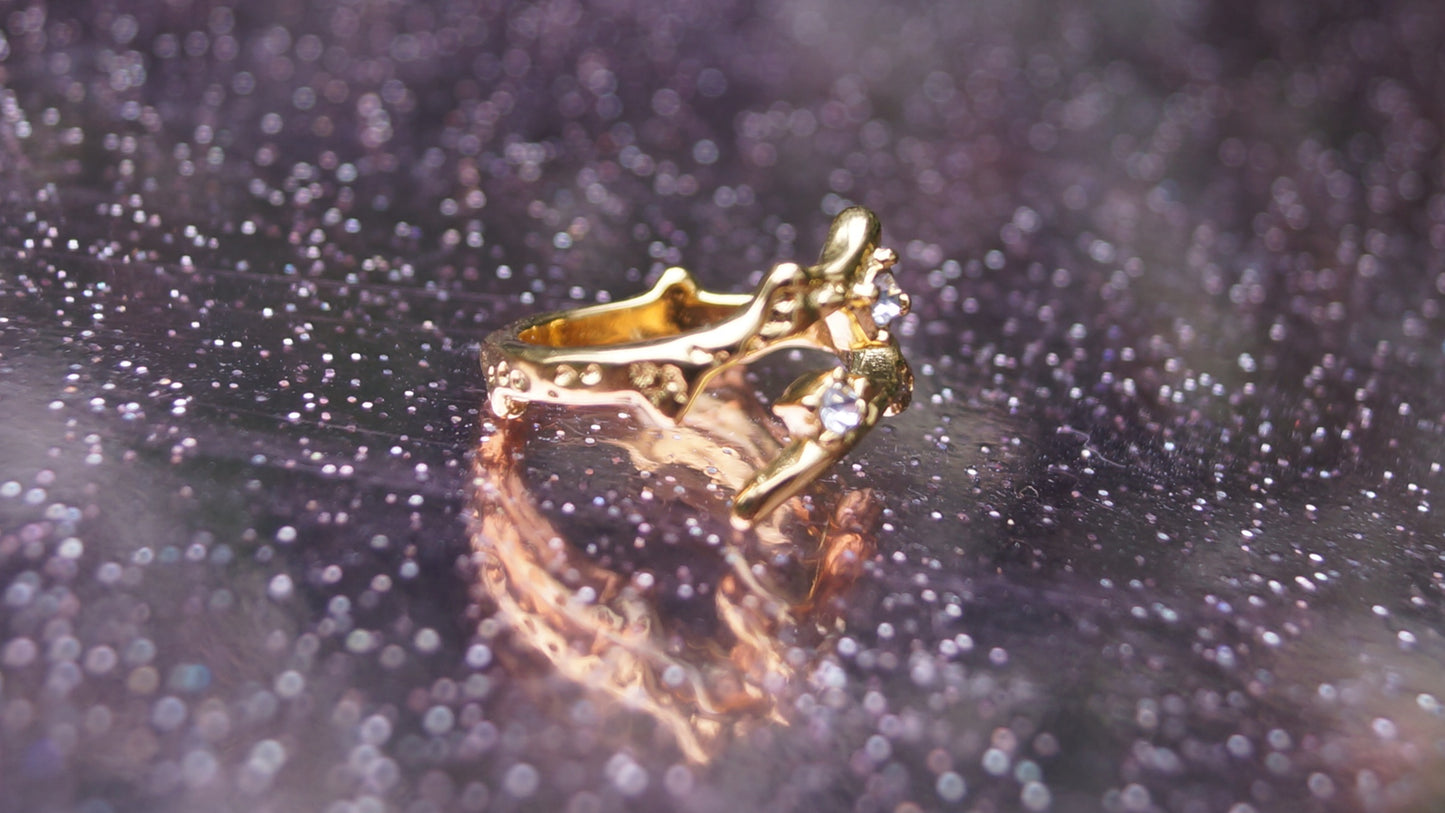 Silver Zirconia Branch Textured Gold Ring