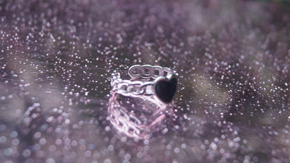 Black Heart Patterned Silver Ring