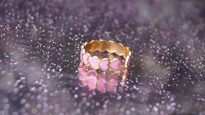 Row of Pink Hearts Gold Ring