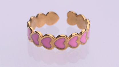 Row of Pink Hearts Gold Ring