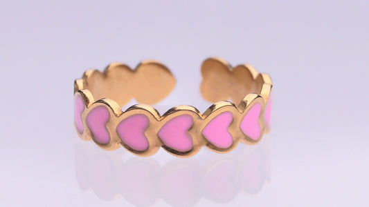 Row of Pink Hearts Gold Ring