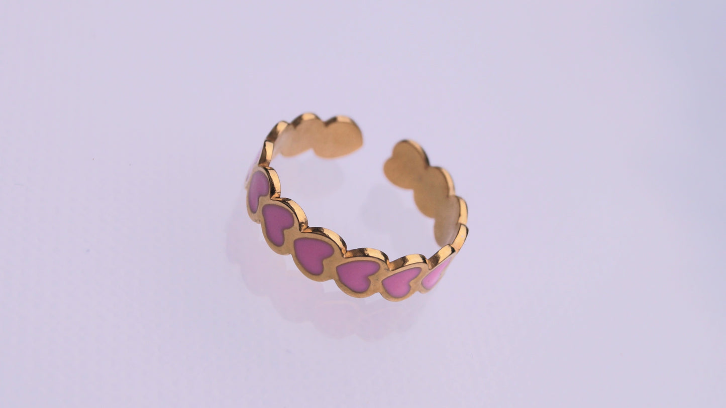 Row of Pink Hearts Gold Ring