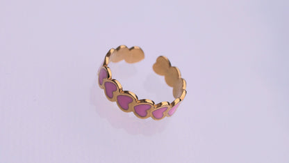 Row of Pink Hearts Gold Ring