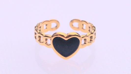 Black Heart Patterned Gold Ring