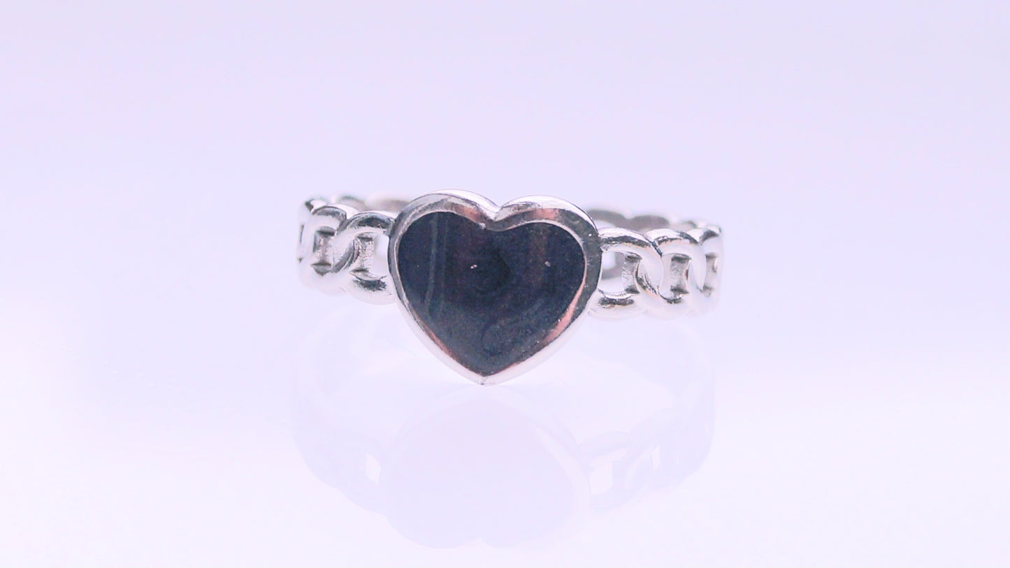 Black Heart Patterned Silver Ring