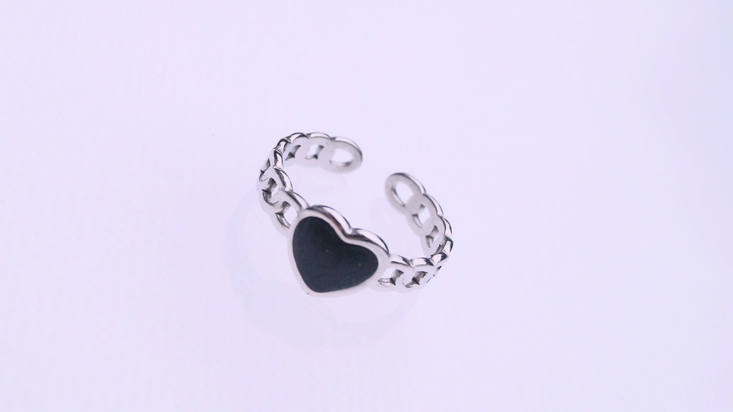 Black Heart Patterned Silver Ring