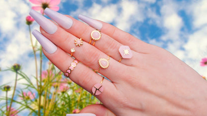 Row of Pink Hearts Gold Ring